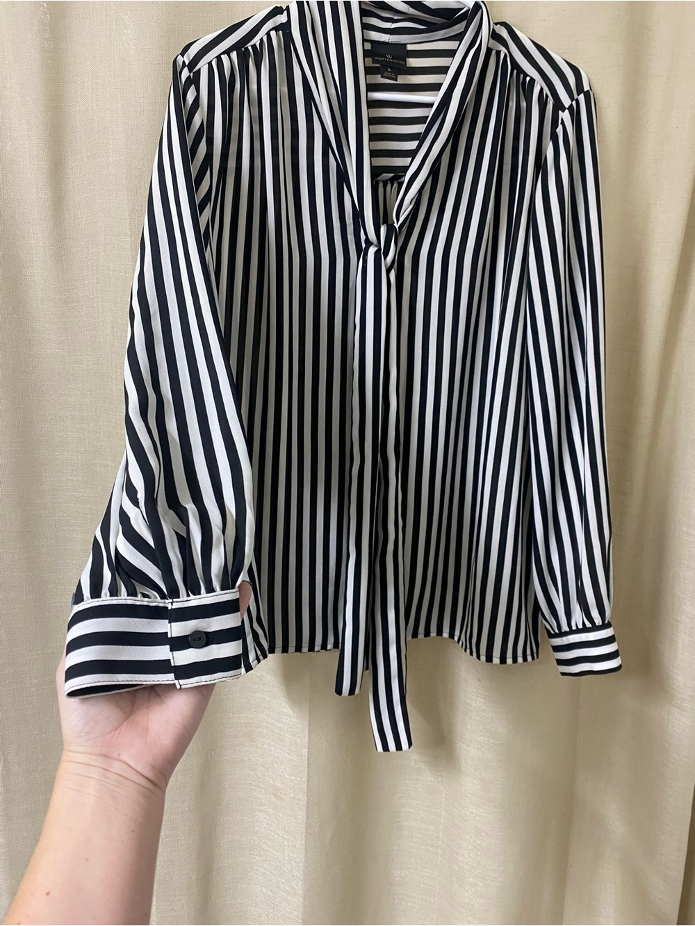 Worthington Black and White Vertical Stripe Tie-Neck Blouse